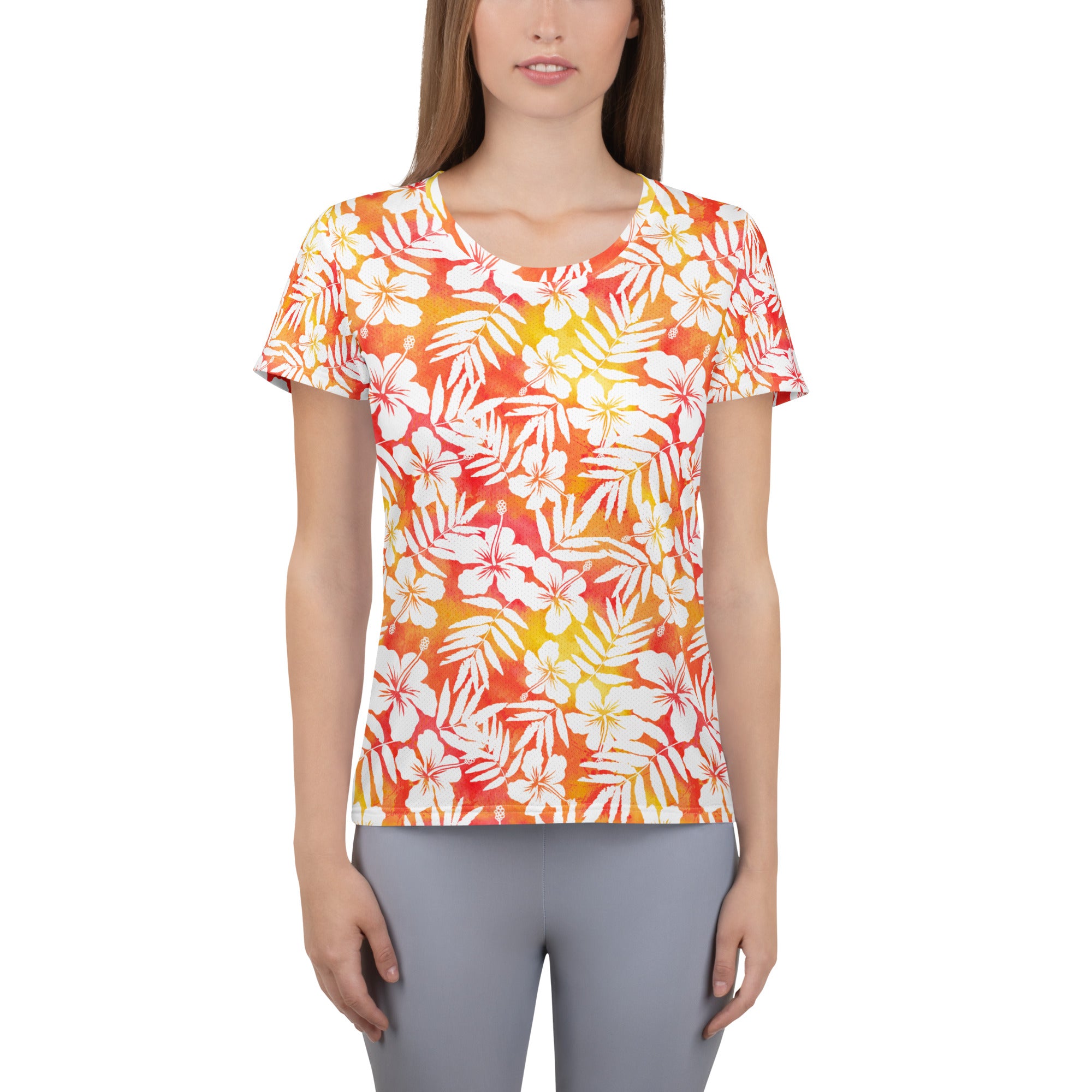 Women’s Tropical Hibiscus Athletic T-Shirt - Lightweight Moisture Wicking Workout Top With UPF 50+