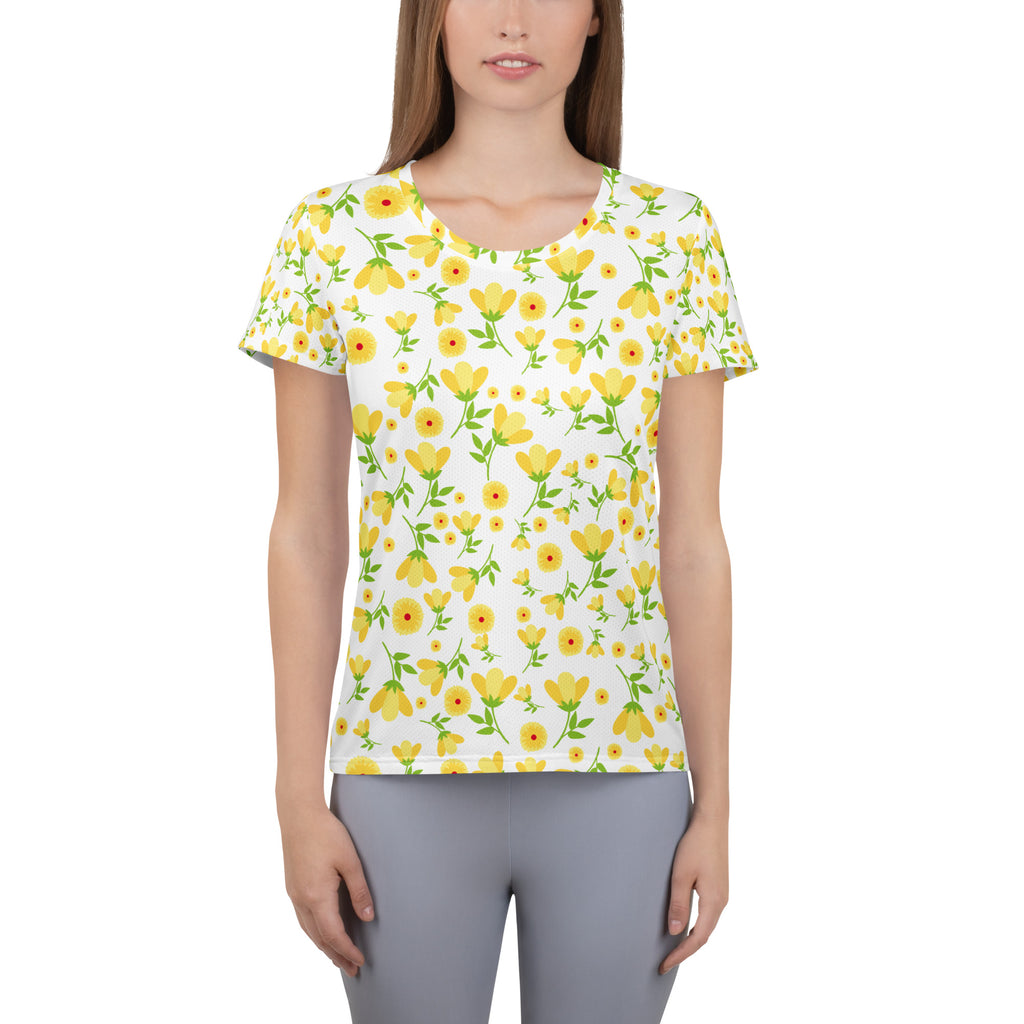 Women’s Yellow Wildflower Athletic T-Shirt - Lightweight Moisture Wicking Workout Top With UPF 50+