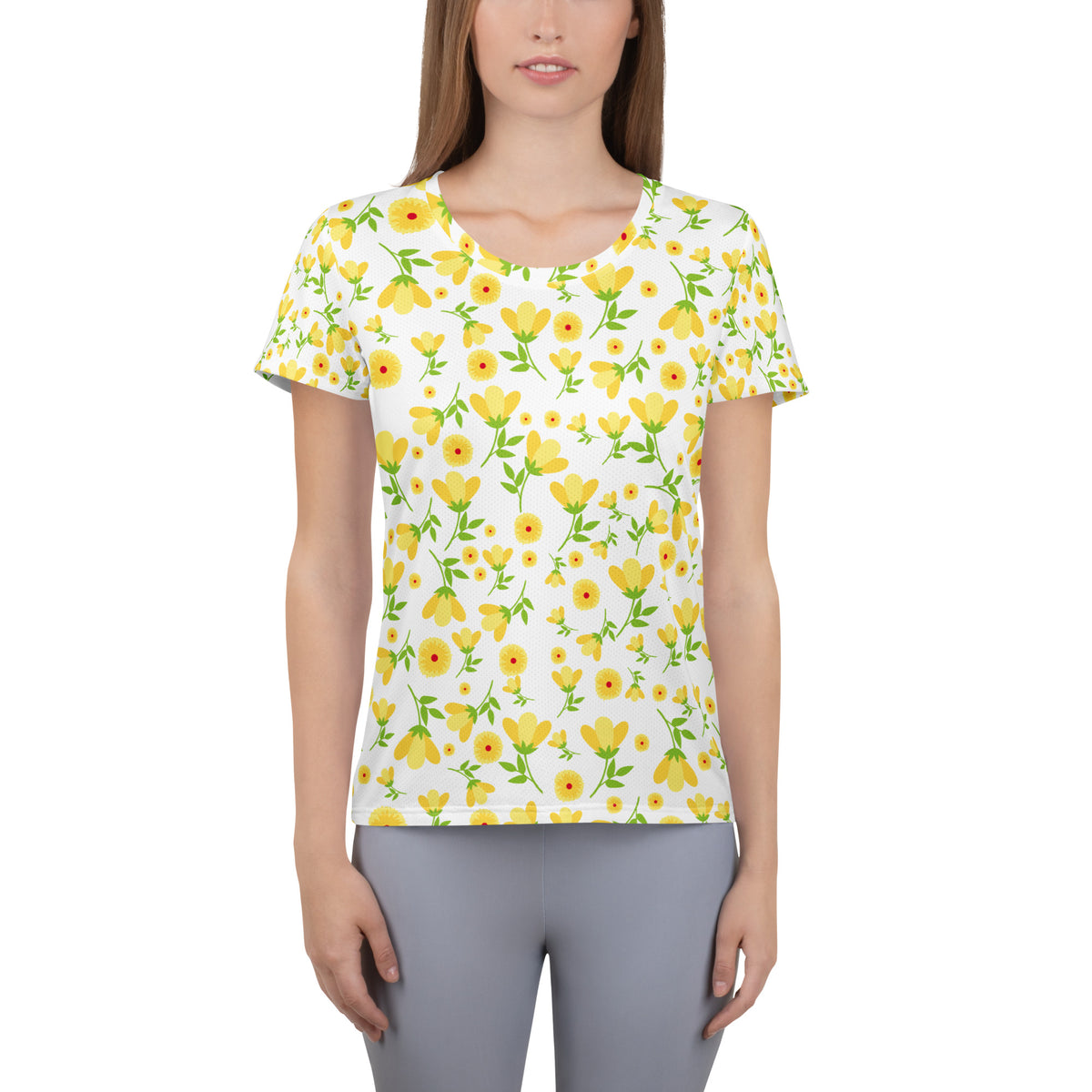 Women’s Yellow Wildflower Athletic T-Shirt - Lightweight Moisture Wicking Workout Top With UPF 50+