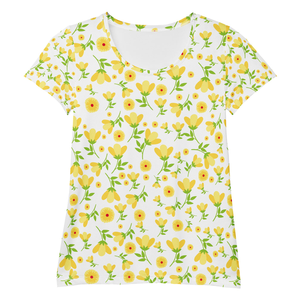 Women’s Yellow Wildflower Athletic T-Shirt - Lightweight Moisture Wicking Workout Top With UPF 50+