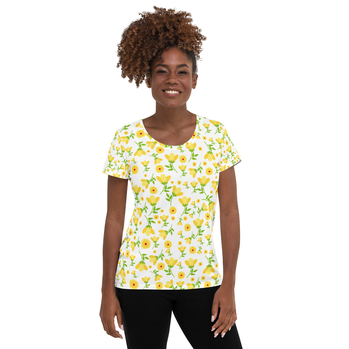 Women’s Yellow Wildflower Athletic T-Shirt - Lightweight Moisture Wicking Workout Top With UPF 50+