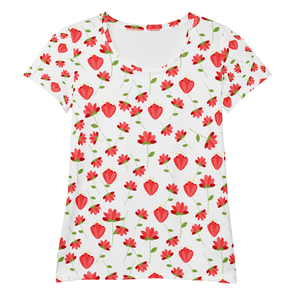 Women’s Red Wildflower Athletic T-Shirt - Lightweight Moisture Wicking Workout Top With UPF 50+