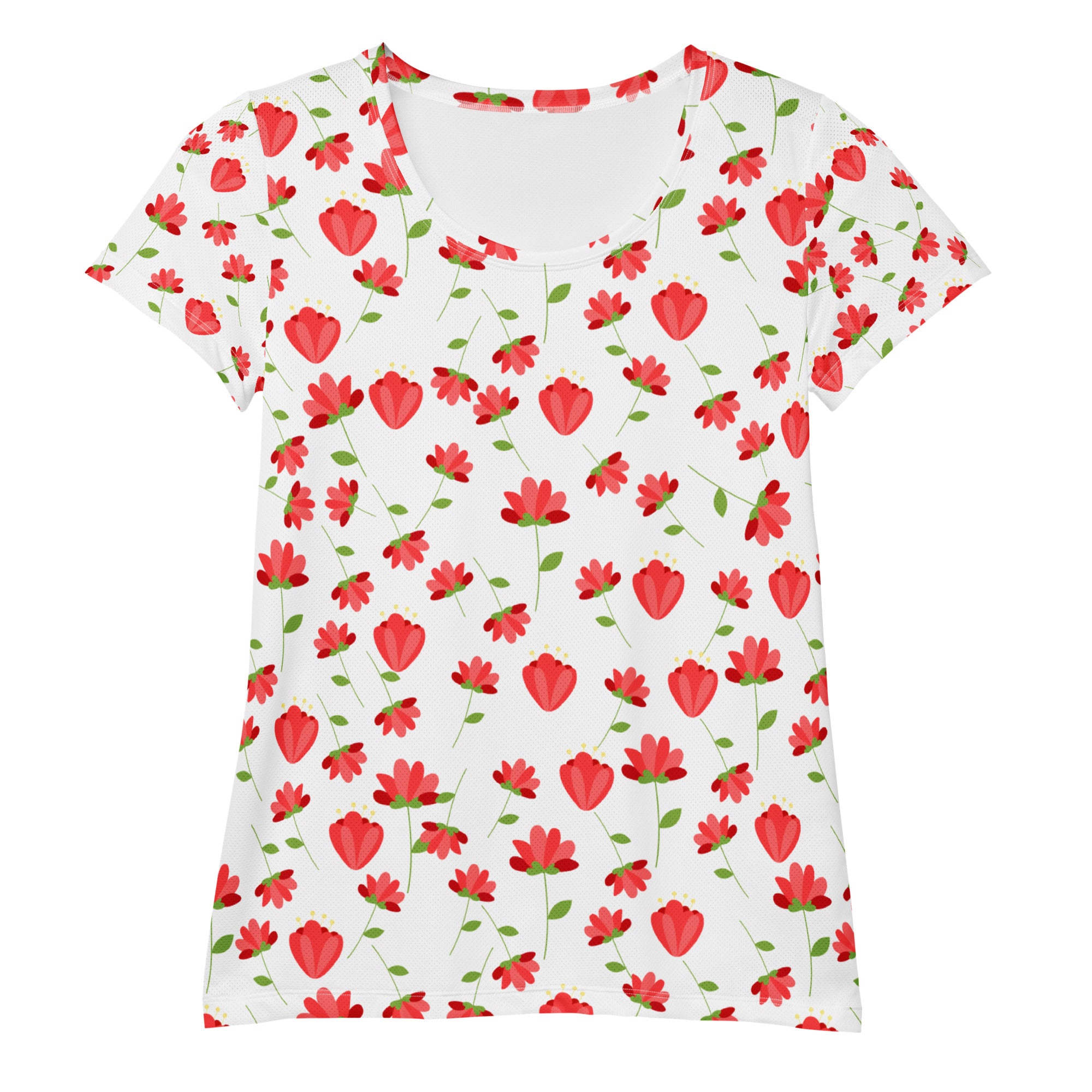 Women’s Red Wildflower Athletic T-Shirt - Lightweight Moisture Wicking Workout Top With UPF 50+
