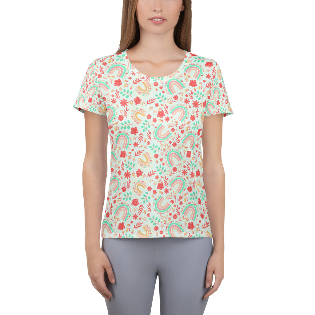 Women’s Boho Rainbow Floral Athletic T-Shirt - Lightweight Moisture Wicking Workout Top With UPF 50+