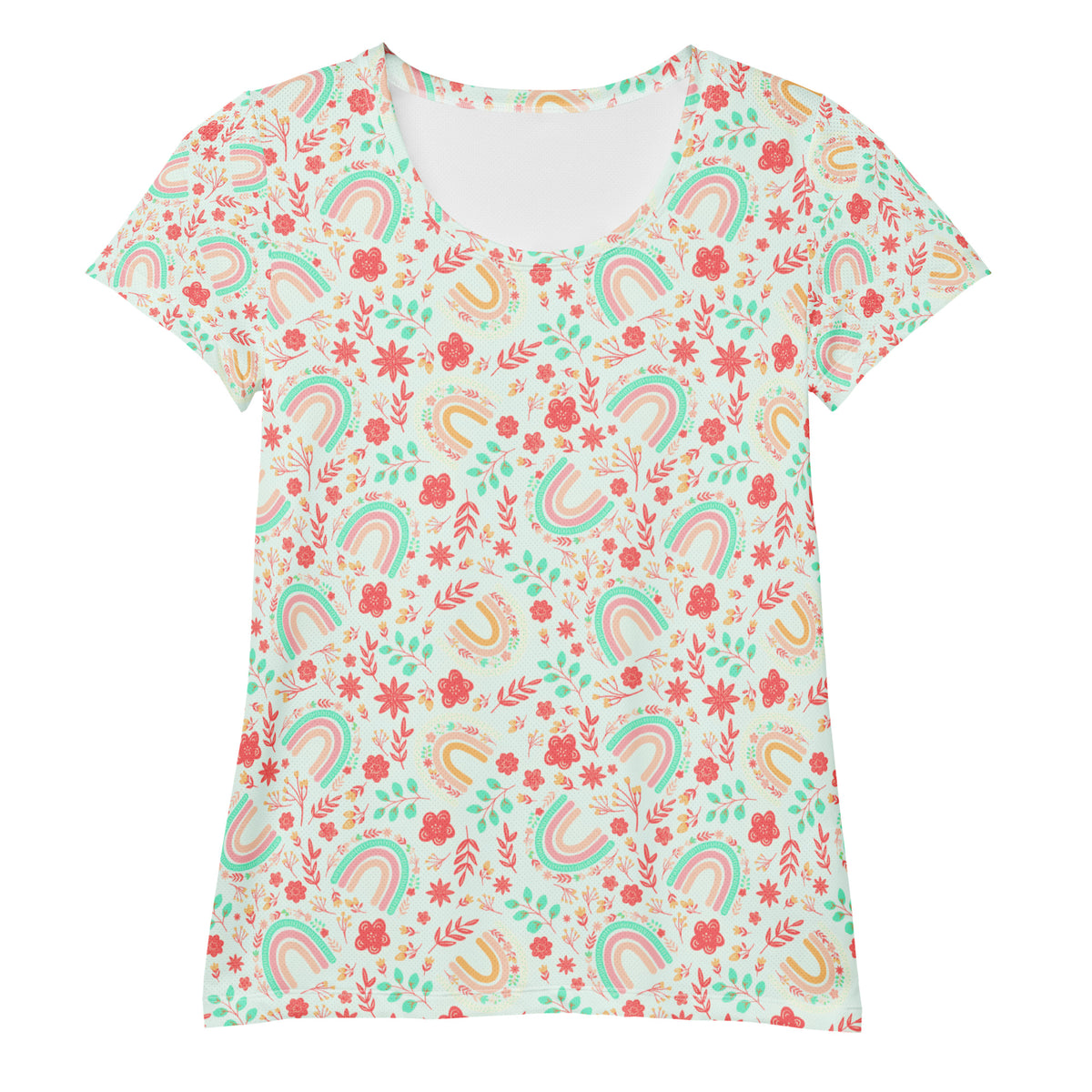 Women’s Boho Rainbow Floral Athletic T-Shirt - Lightweight Moisture Wicking Workout Top With UPF 50+