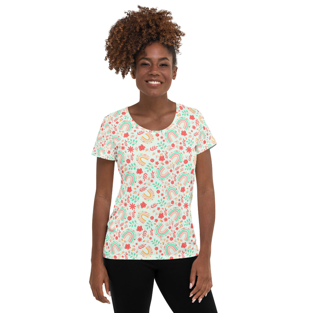 Women’s Boho Rainbow Floral Athletic T-Shirt - Lightweight Moisture Wicking Workout Top With UPF 50+