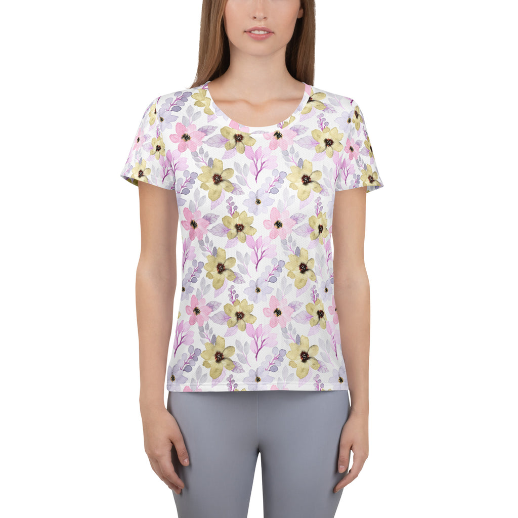 Women’s Pink Purple Botanical Athletic T-Shirt - Lightweight Moisture Wicking Workout Top With UPF 50+