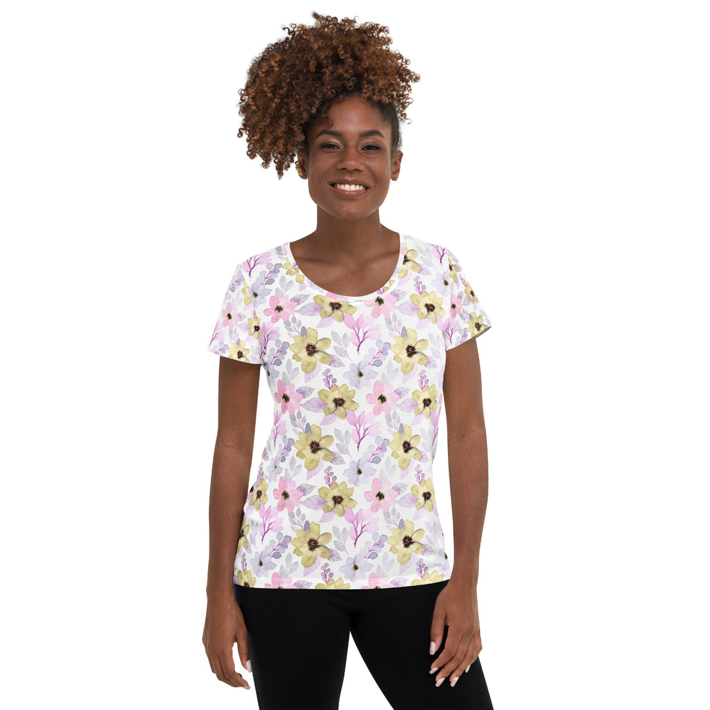 Women’s Pink Purple Botanical Athletic T-Shirt - Lightweight Moisture Wicking Workout Top With UPF 50+