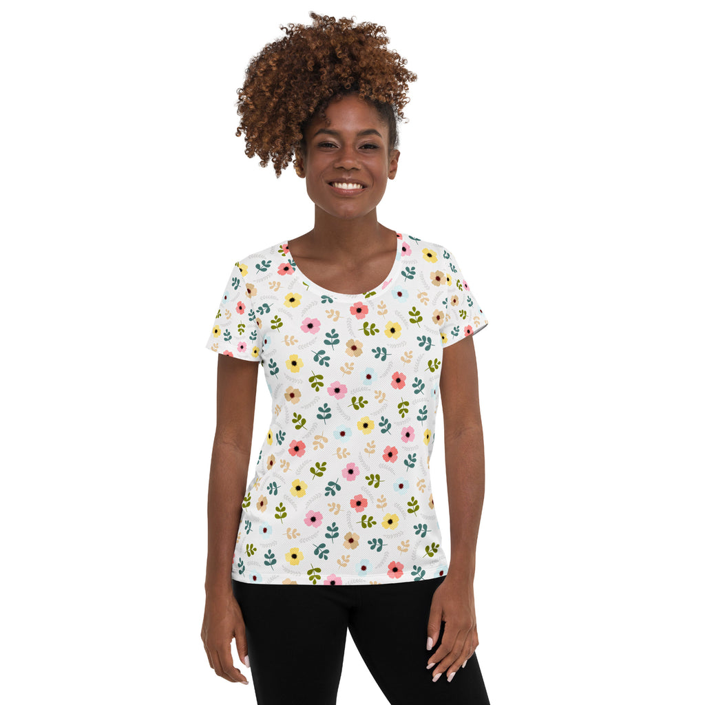 Women’s Colorful Botanical Floral Athletic T-Shirt - Lightweight Moisture Wicking Workout Top With UPF 50+