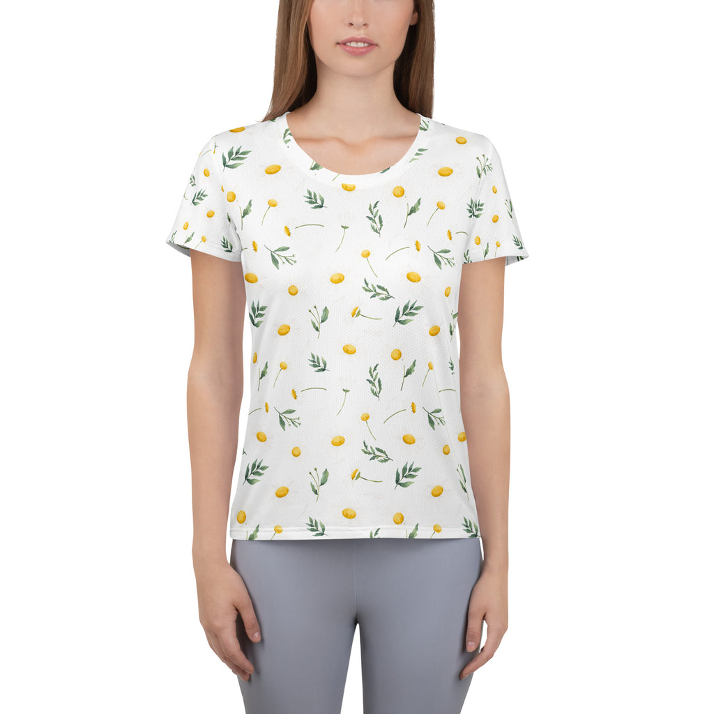Women’s Yellow Wildflower Athletic T-Shirt - Lightweight Moisture Wicking Workout Top With UPF 50+