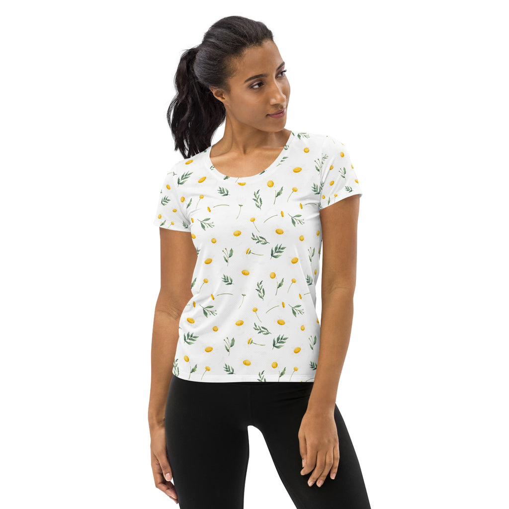 Women’s Yellow Wildflower Athletic T-Shirt - Lightweight Moisture Wicking Workout Top With UPF 50+