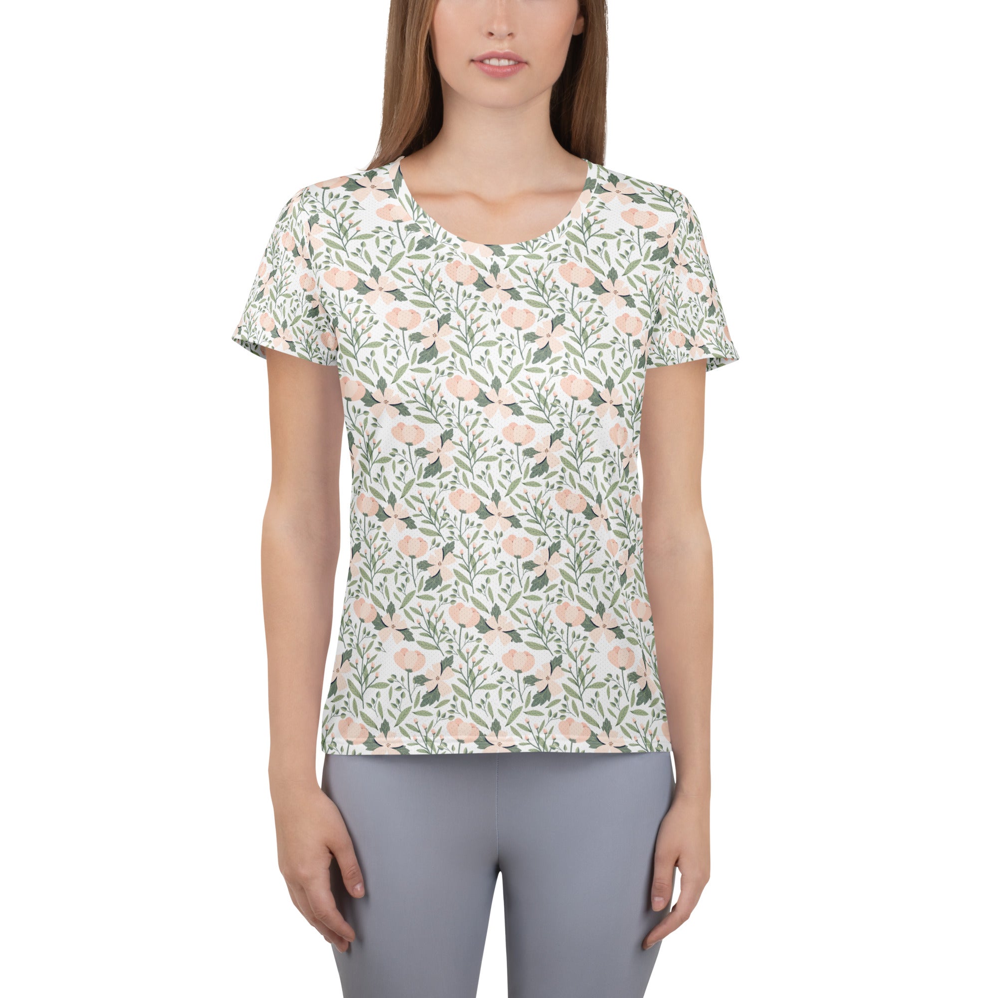 Women’s Sage Green Botanical Athletic T-Shirt - Lightweight Moisture Wicking Workout Top With UPF 50+