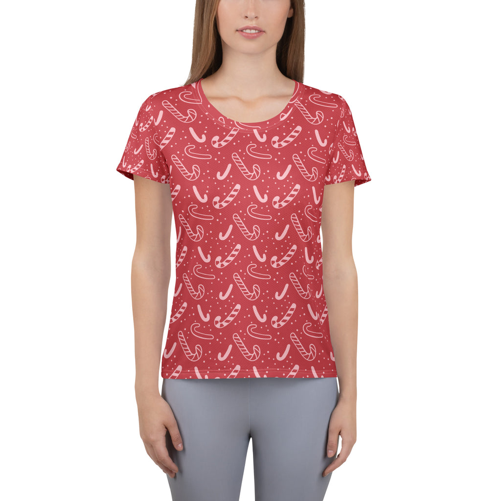 Women’s Red Candy Cane Athletic T-Shirt - Lightweight Moisture Wicking Workout Top With UPF 50+