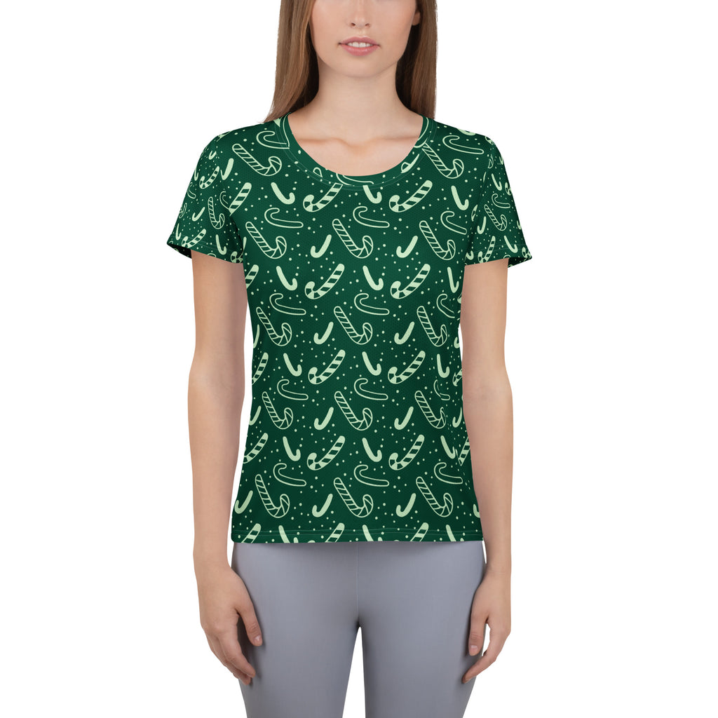 Women’s Grreen Candy Cane Athletic T-Shirt - Lightweight Moisture Wicking Workout Top With UPF 50+