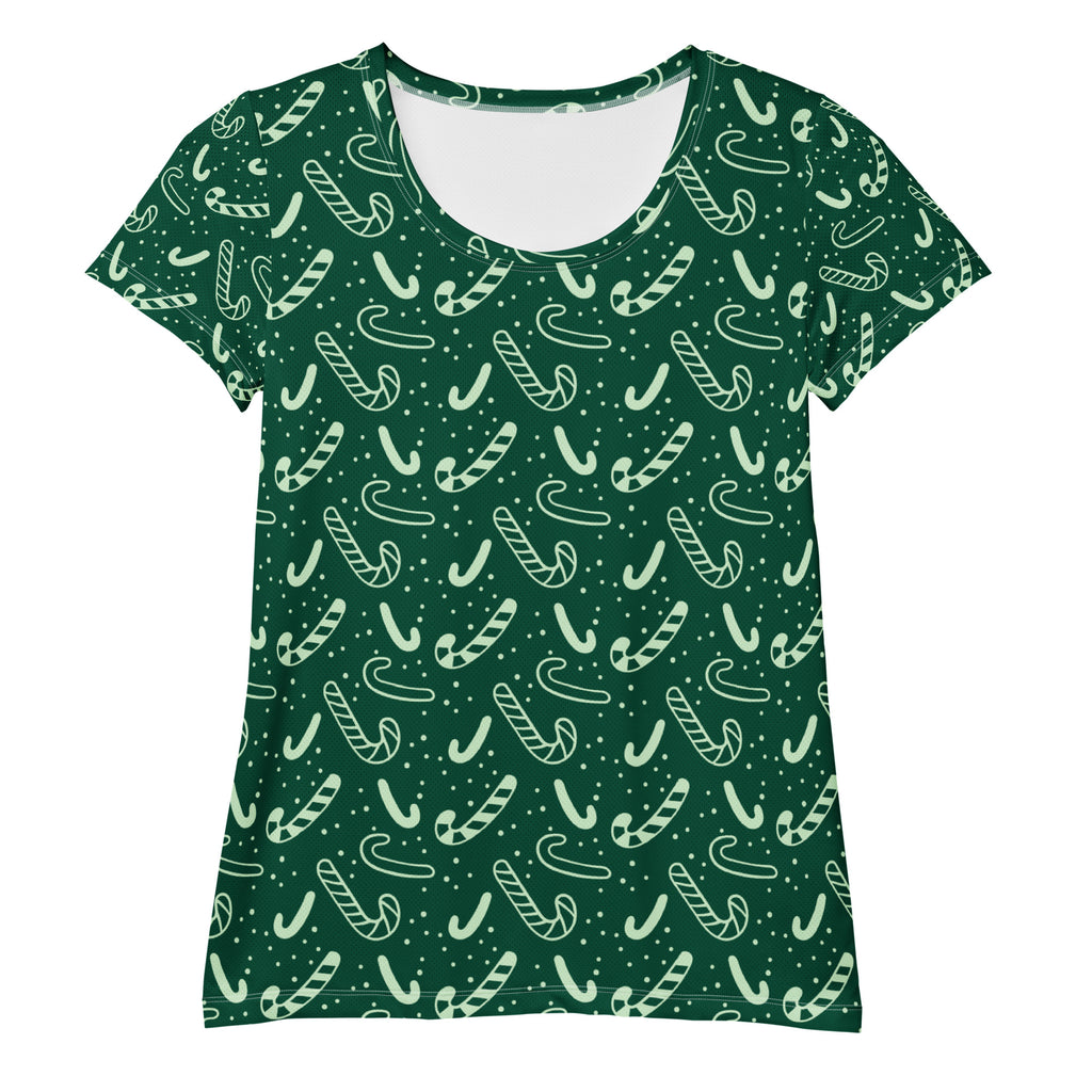 Women’s Grreen Candy Cane Athletic T-Shirt - Lightweight Moisture Wicking Workout Top With UPF 50+