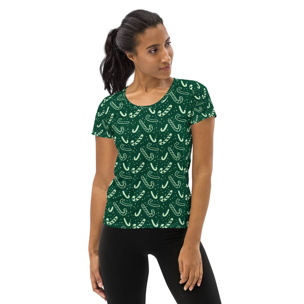 Women’s Grreen Candy Cane Athletic T-Shirt - Lightweight Moisture Wicking Workout Top With UPF 50+