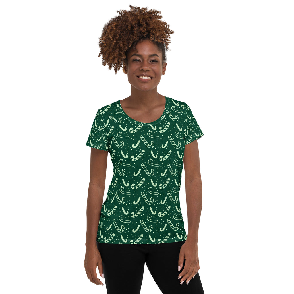Women’s Grreen Candy Cane Athletic T-Shirt - Lightweight Moisture Wicking Workout Top With UPF 50+