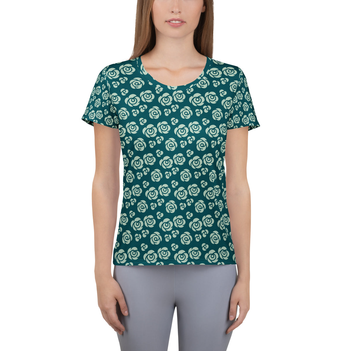 Women’s Teal Rose Athletic T-Shirt - Lightweight Moisture Wicking Workout Top With UPF 50+