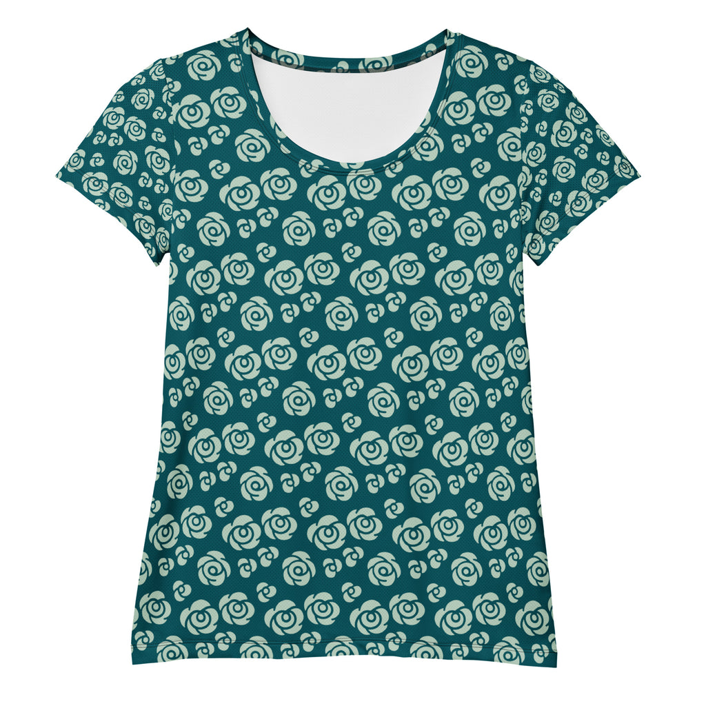 Women’s Teal Rose Athletic T-Shirt - Lightweight Moisture Wicking Workout Top With UPF 50+