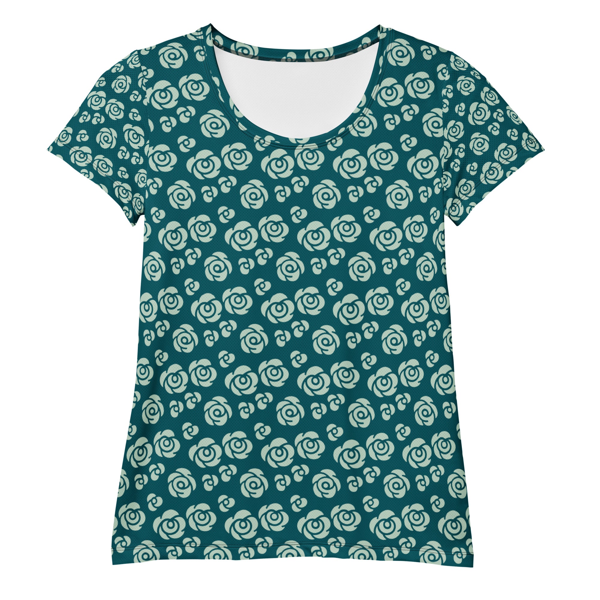 Women’s Teal Rose Athletic T-Shirt - Lightweight Moisture Wicking Workout Top With UPF 50+