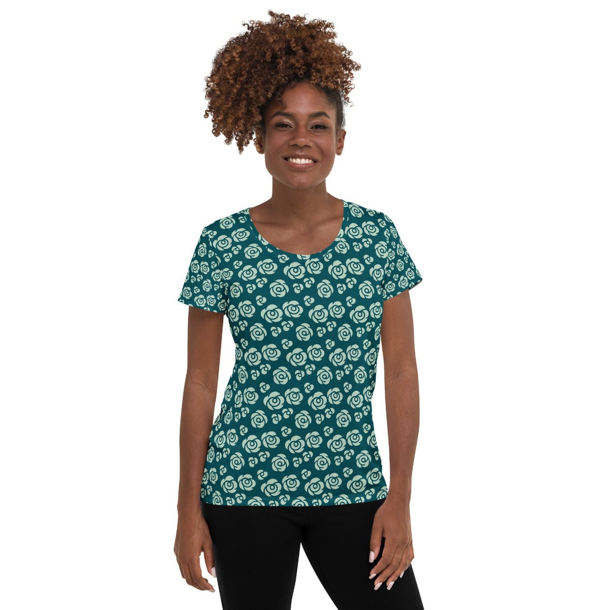Women’s Teal Rose Athletic T-Shirt - Lightweight Moisture Wicking Workout Top With UPF 50+