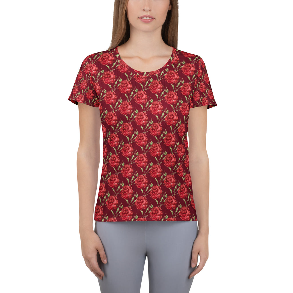 Women’s Red Rose Athletic T-Shirt - Lightweight Moisture Wicking Workout Top With UPF 50+