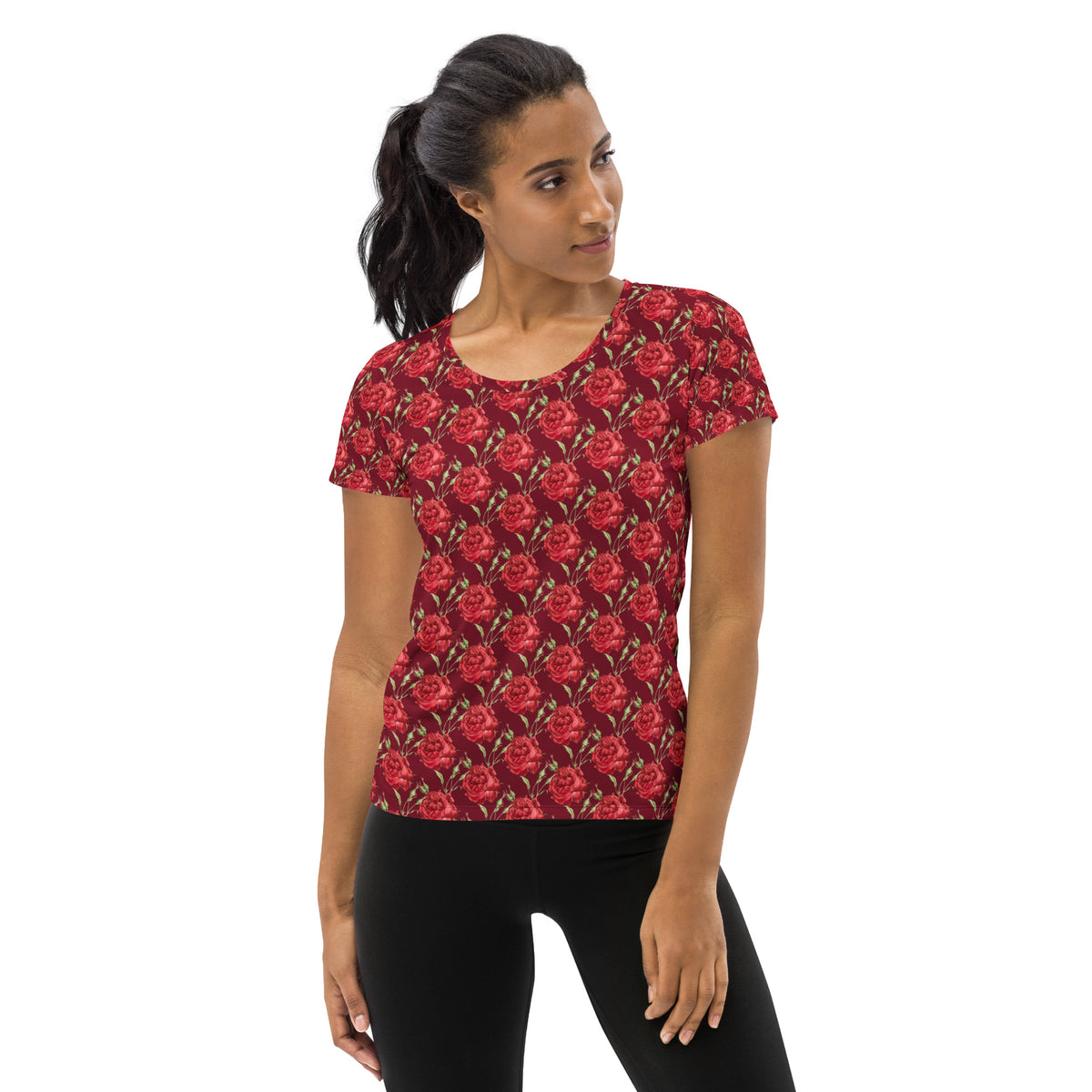Women’s Red Rose Athletic T-Shirt - Lightweight Moisture Wicking Workout Top With UPF 50+