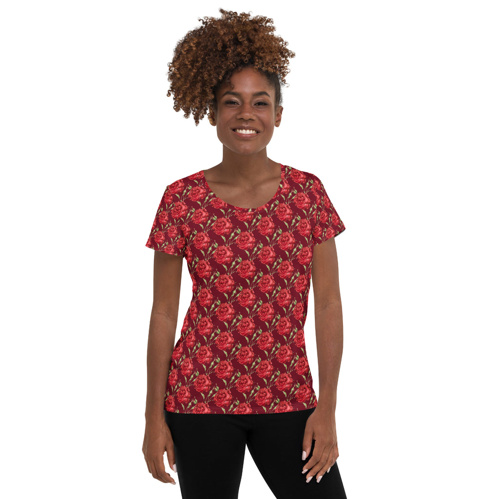 Women’s Red Rose Athletic T-Shirt - Lightweight Moisture Wicking Workout Top With UPF 50+