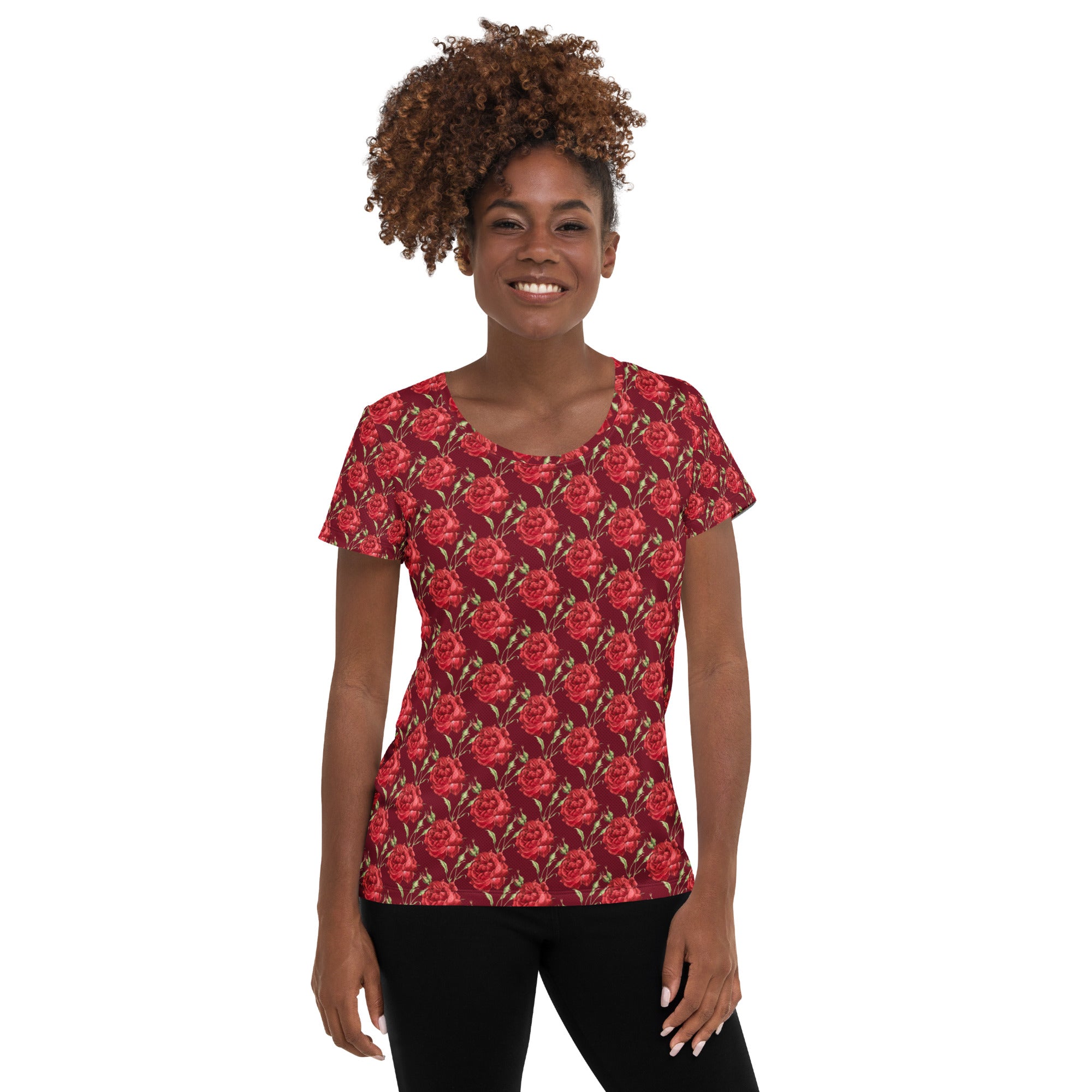 Women’s Red Rose Athletic T-Shirt - Lightweight Moisture Wicking Workout Top With UPF 50+