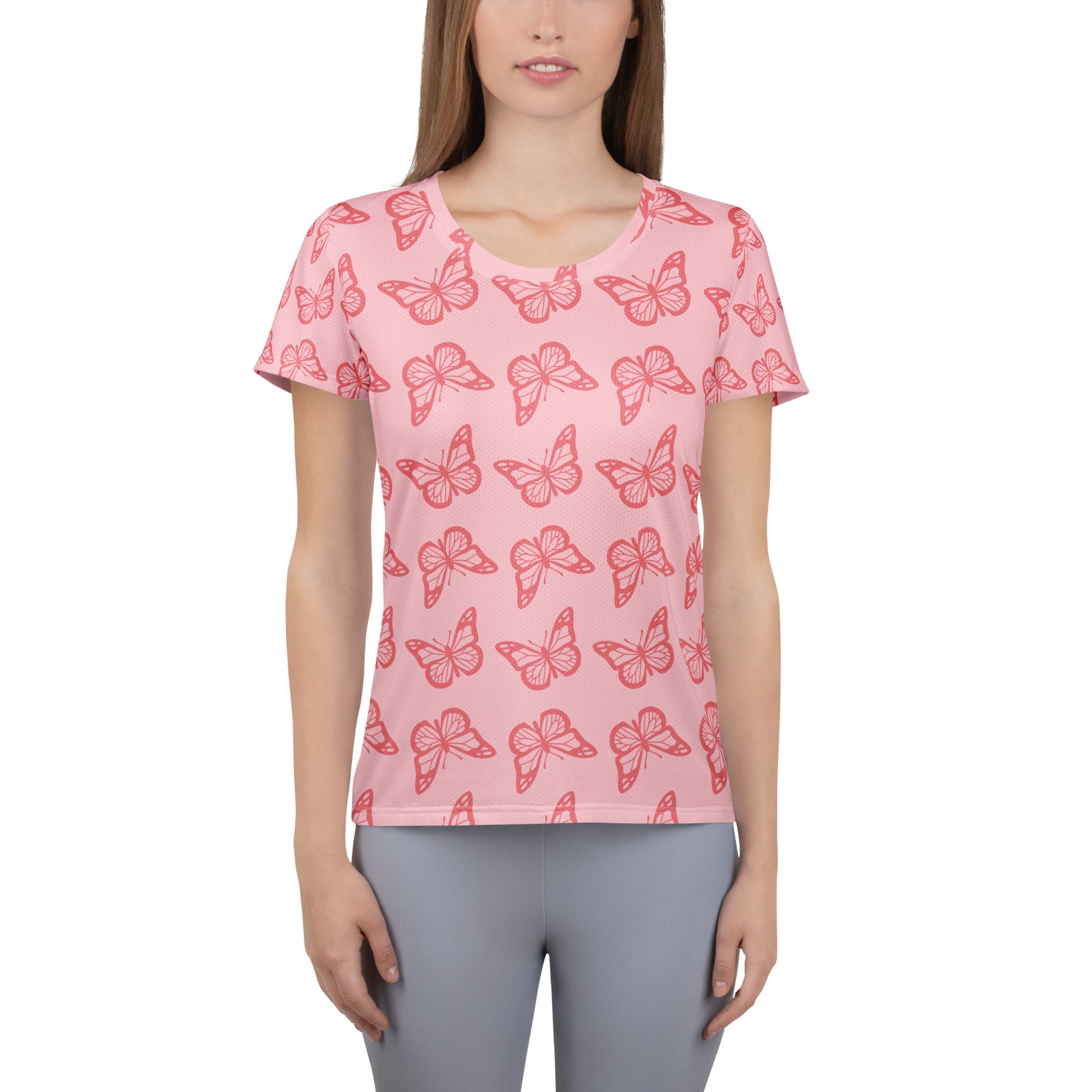 Women’s Pink Butterfly Athletic T-Shirt - Lightweight Moisture Wicking Workout Top With UPF 50+