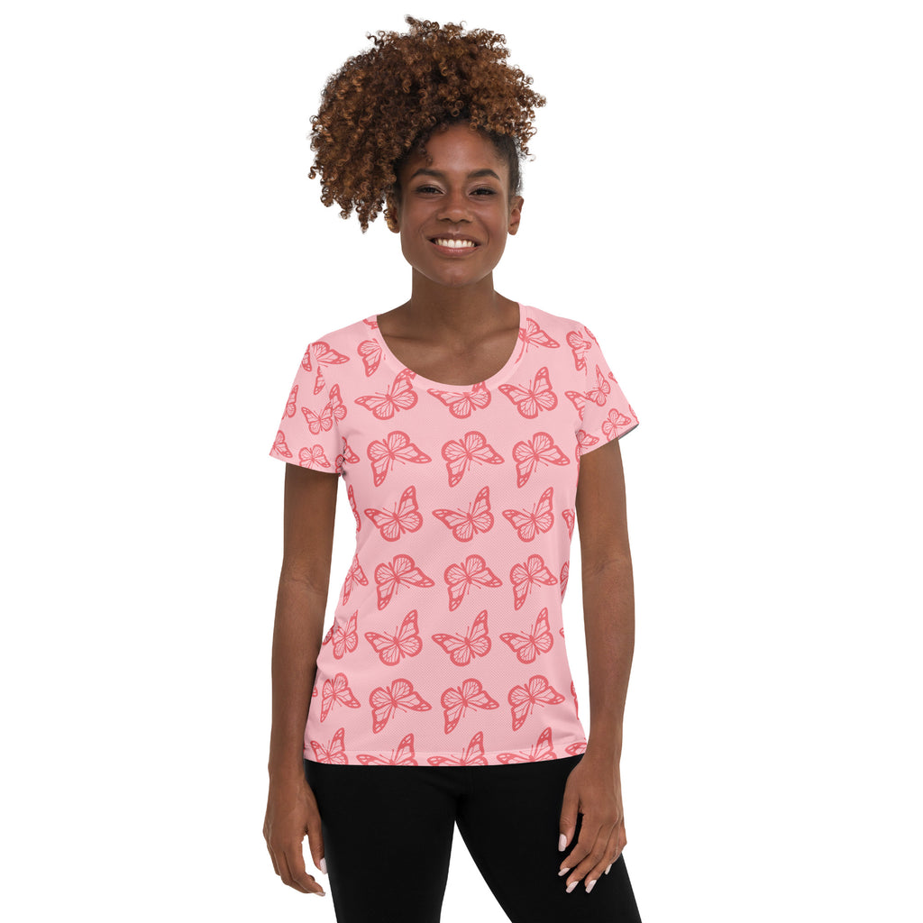 Women’s Pink Butterfly Athletic T-Shirt - Lightweight Moisture Wicking Workout Top With UPF 50+