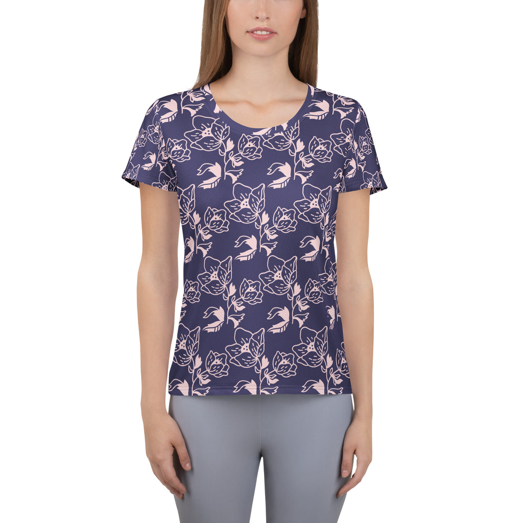 Women’s Dark Purple Floral Athletic T-Shirt - Lightweight Moisture Wicking Workout Top With UPF 50+