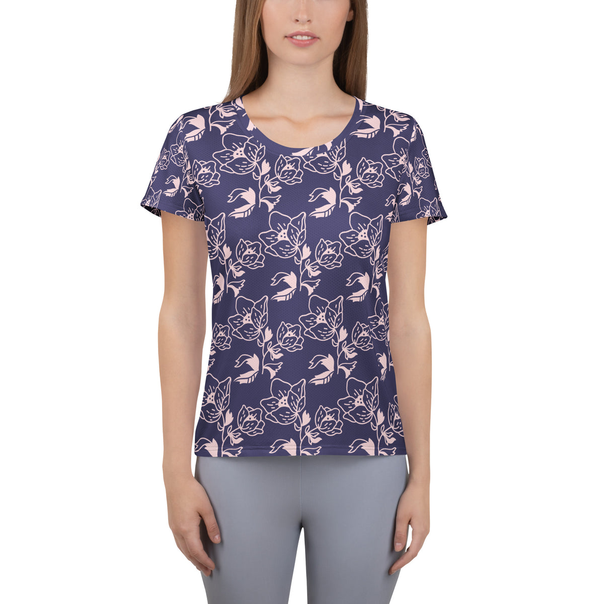 Women’s Dark Purple Floral Athletic T-Shirt - Lightweight Moisture Wicking Workout Top With UPF 50+