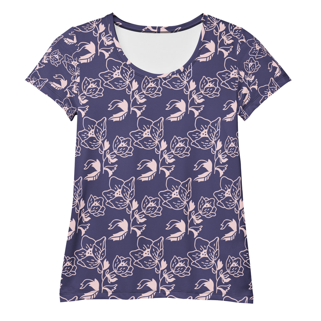 Women’s Dark Purple Floral Athletic T-Shirt - Lightweight Moisture Wicking Workout Top With UPF 50+