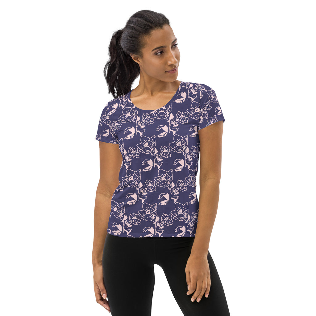 Women’s Dark Purple Floral Athletic T-Shirt - Lightweight Moisture Wicking Workout Top With UPF 50+