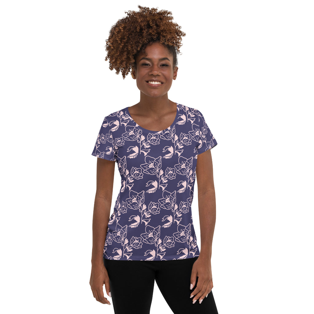 Women’s Dark Purple Floral Athletic T-Shirt - Lightweight Moisture Wicking Workout Top With UPF 50+