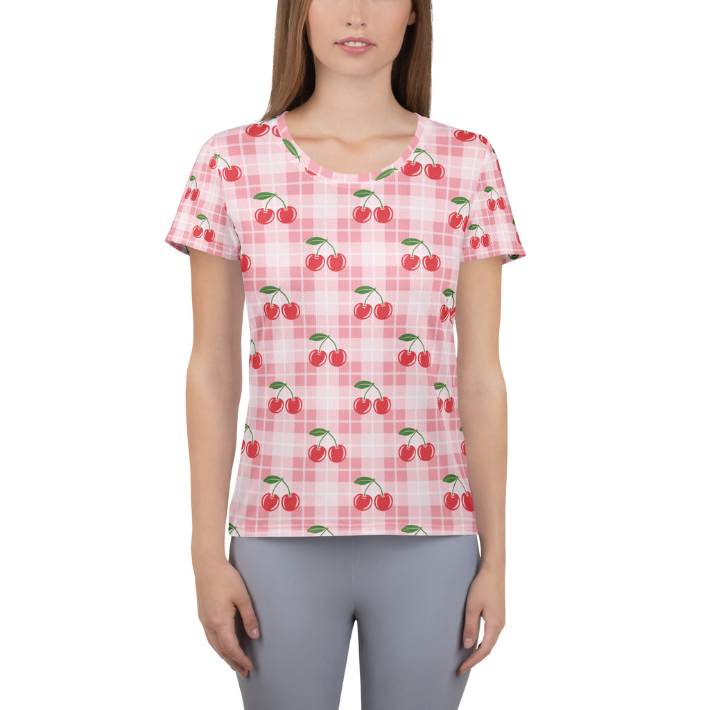 Women’s Pink Cherry Gingham Athletic T-Shirt - Lightweight Moisture Wicking Workout Top With UPF 50+