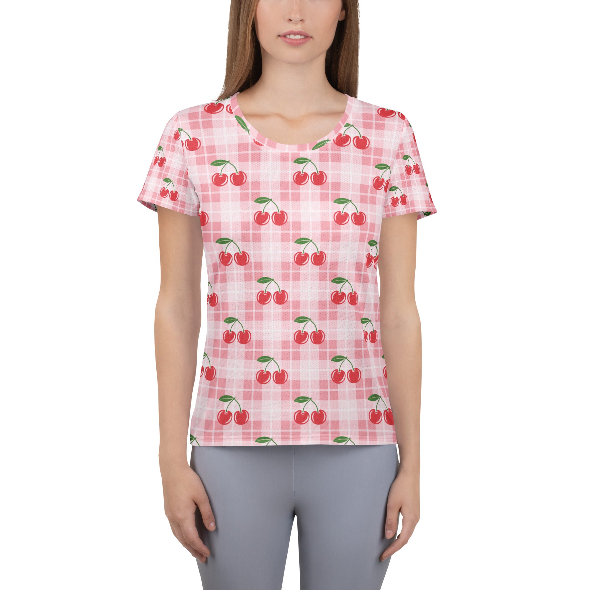 Women’s Pink Cherry Gingham Athletic T-Shirt - Lightweight Moisture Wicking Workout Top With UPF 50+