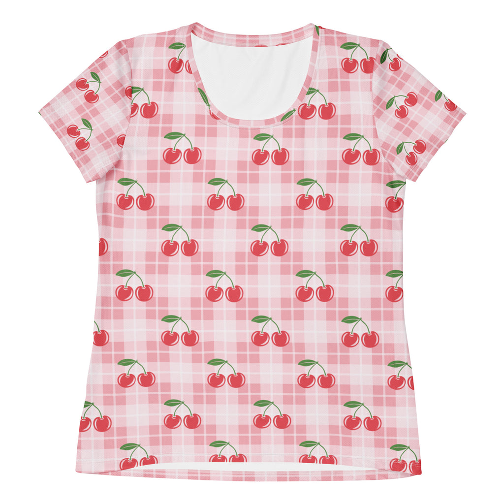 Women’s Pink Cherry Gingham Athletic T-Shirt - Lightweight Moisture Wicking Workout Top With UPF 50+
