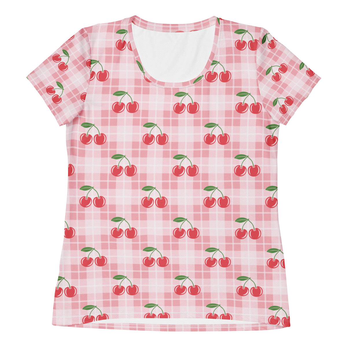 Women’s Pink Cherry Gingham Athletic T-Shirt - Lightweight Moisture Wicking Workout Top With UPF 50+