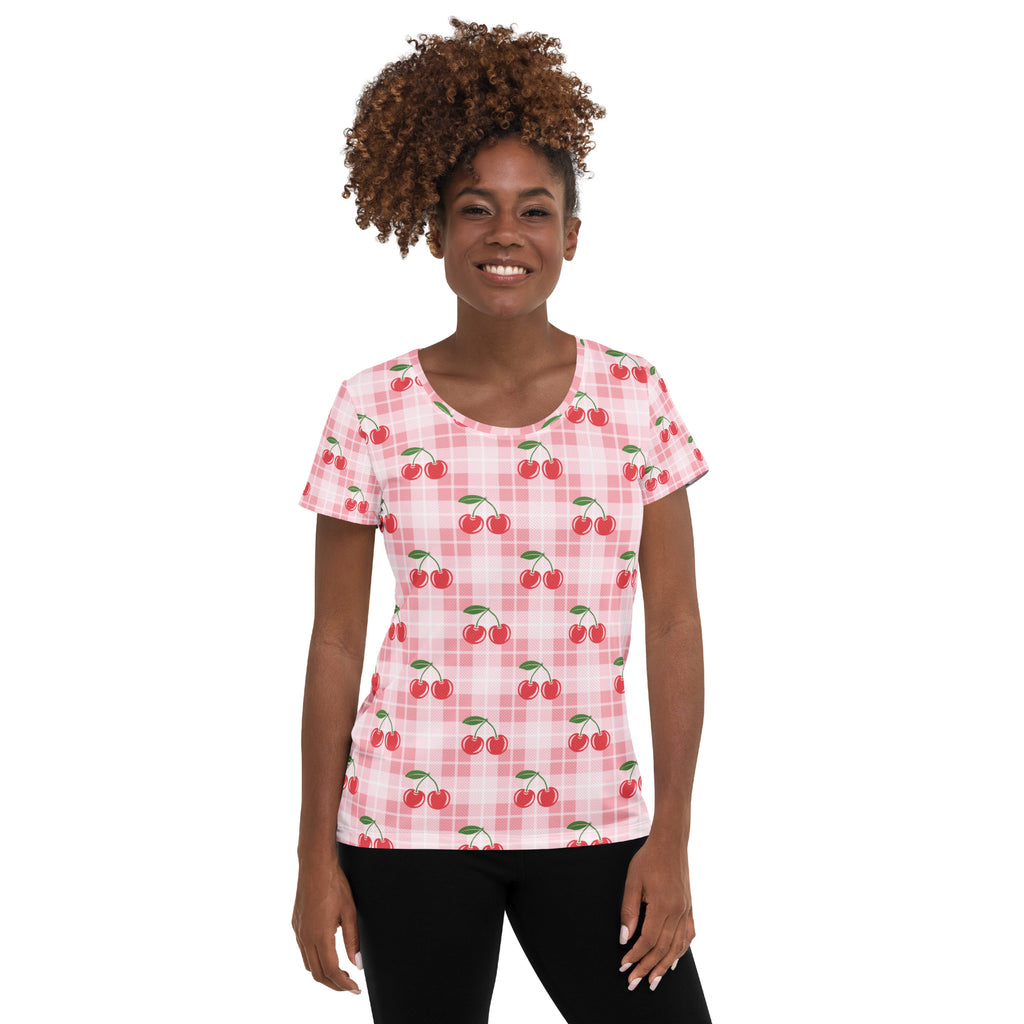 Women’s Pink Cherry Gingham Athletic T-Shirt - Lightweight Moisture Wicking Workout Top With UPF 50+