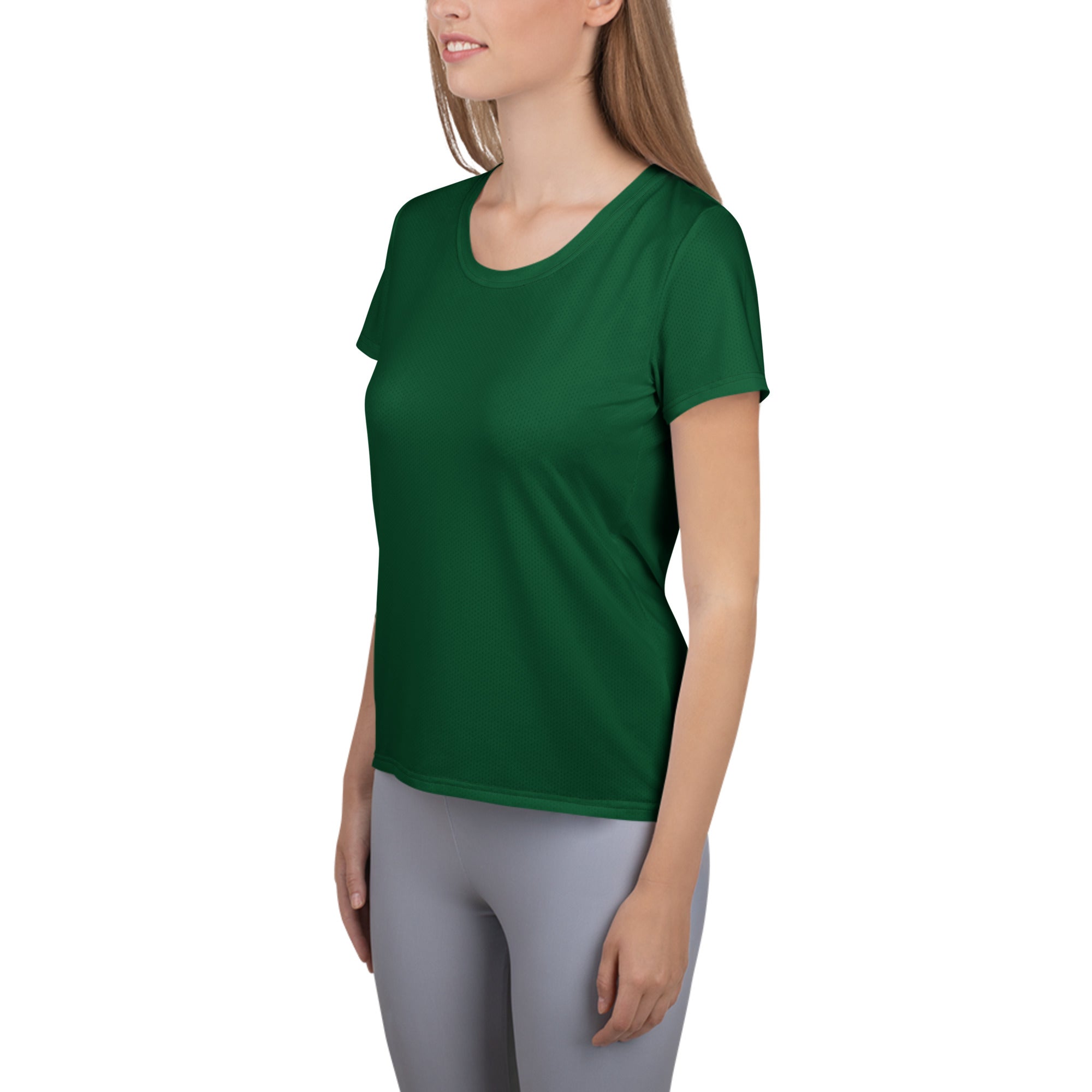 A solid dark green short-sleeved women’s performance athletic t-shirt with rounded neckline and moisture wicking fabric