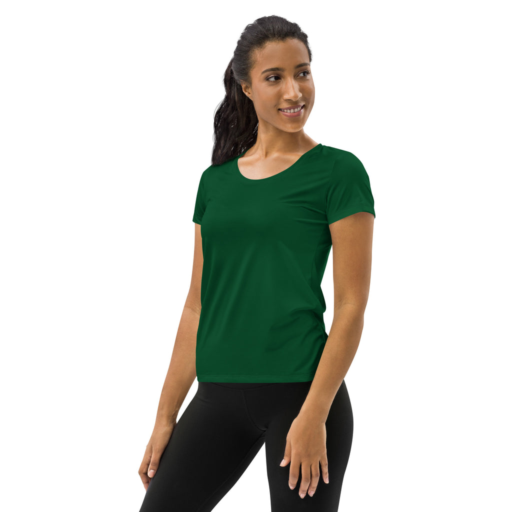 Women’s dark green performance athletic t-shirt with short sleeves rounded neckline lightweight moisture wicking upf 50+
