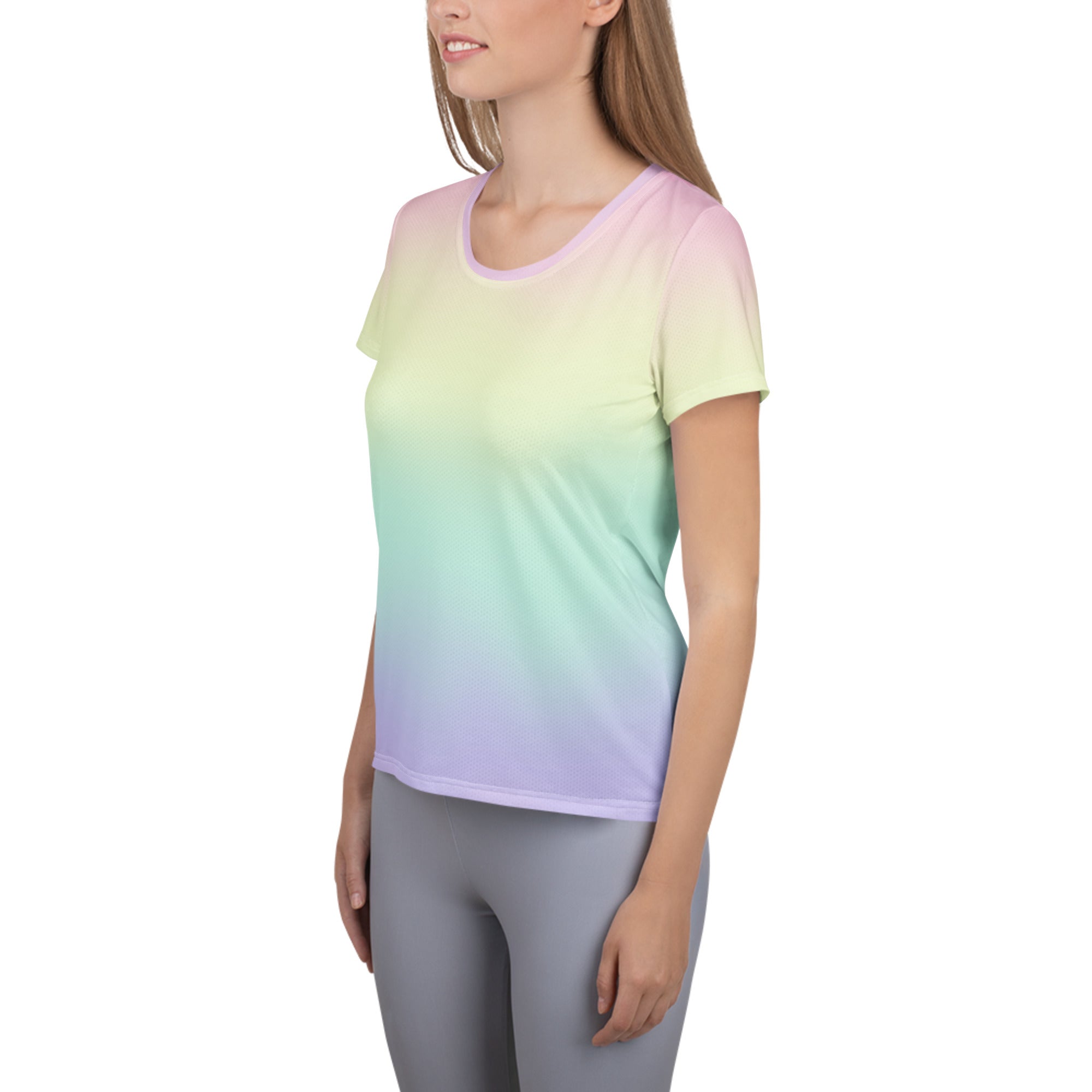 Women’s pastel rainbow performance athletic t-shirt with short sleeves moisture wicking lightweight fabric and upf 50+ protection