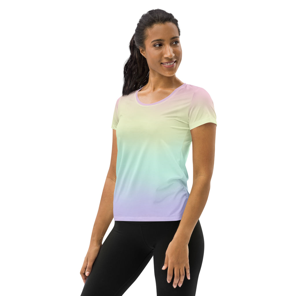 Women’s pastel rainbow performance athletic t-shirt with pink green lavender gradient lightweight moisture wicking fabric