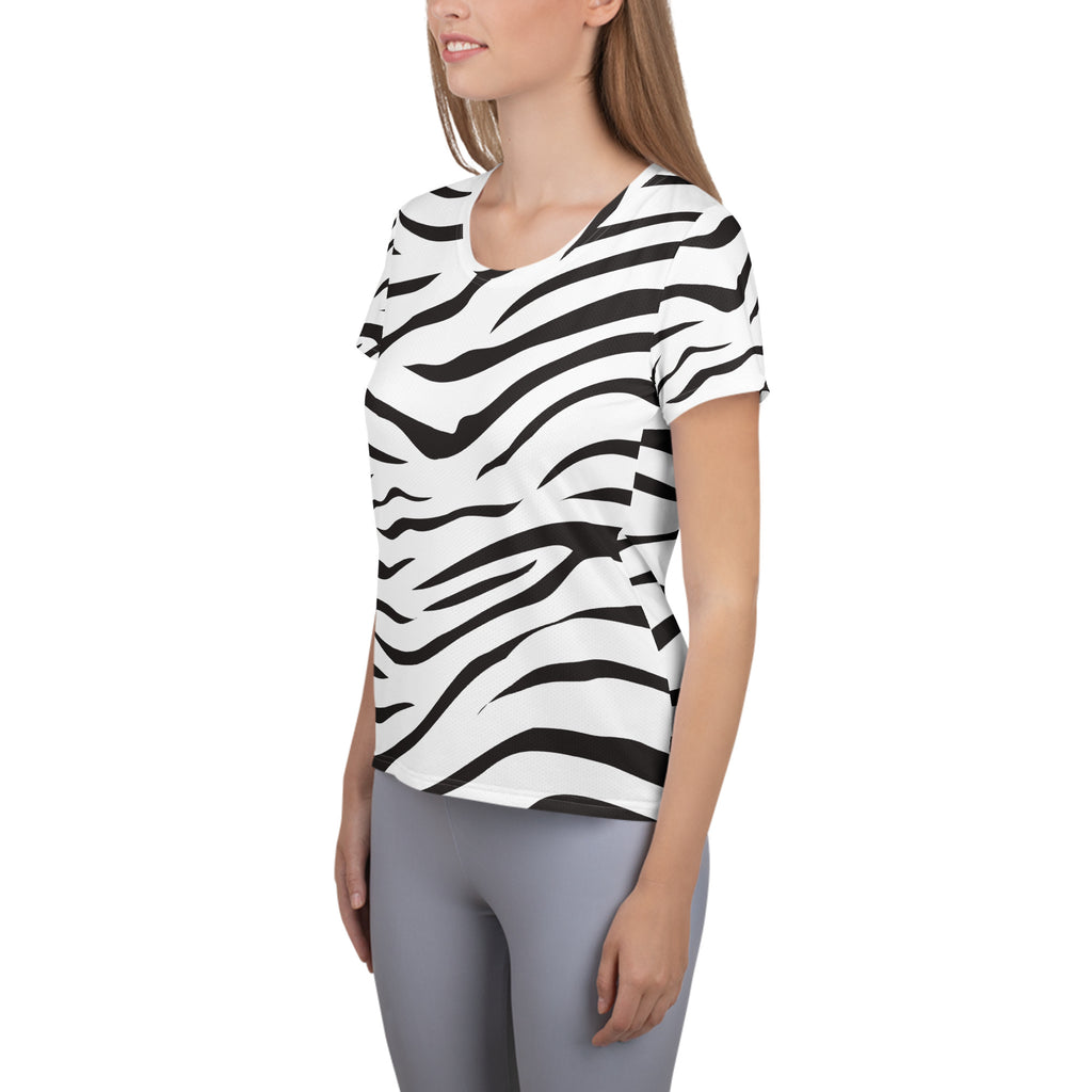 Women’s short-sleeved zebra print performance athletic t-shirt in black and white with moisture wicking fabric and upf 50+