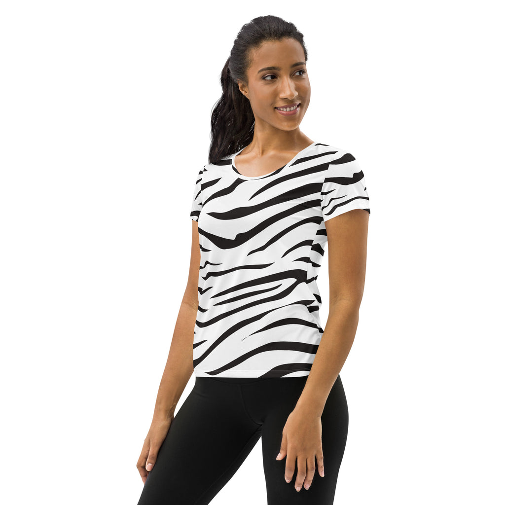 Women’s black and white zebra print short-sleeved performance t-shirt with moisture wicking and upf 50+ protection