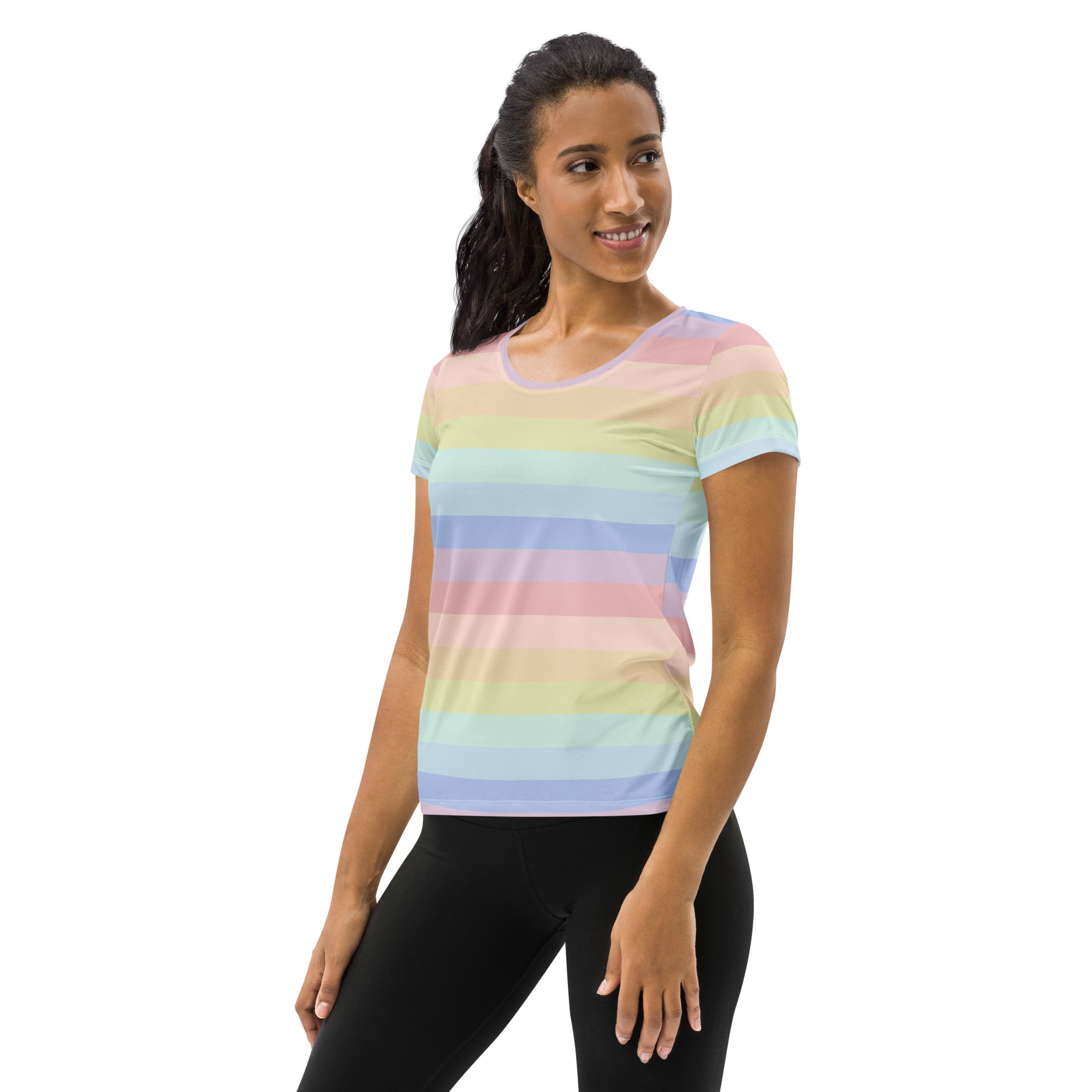 Women’s pastel rainbow striped short-sleeve performance athletic t-shirt with lightweight moisture wicking fabric