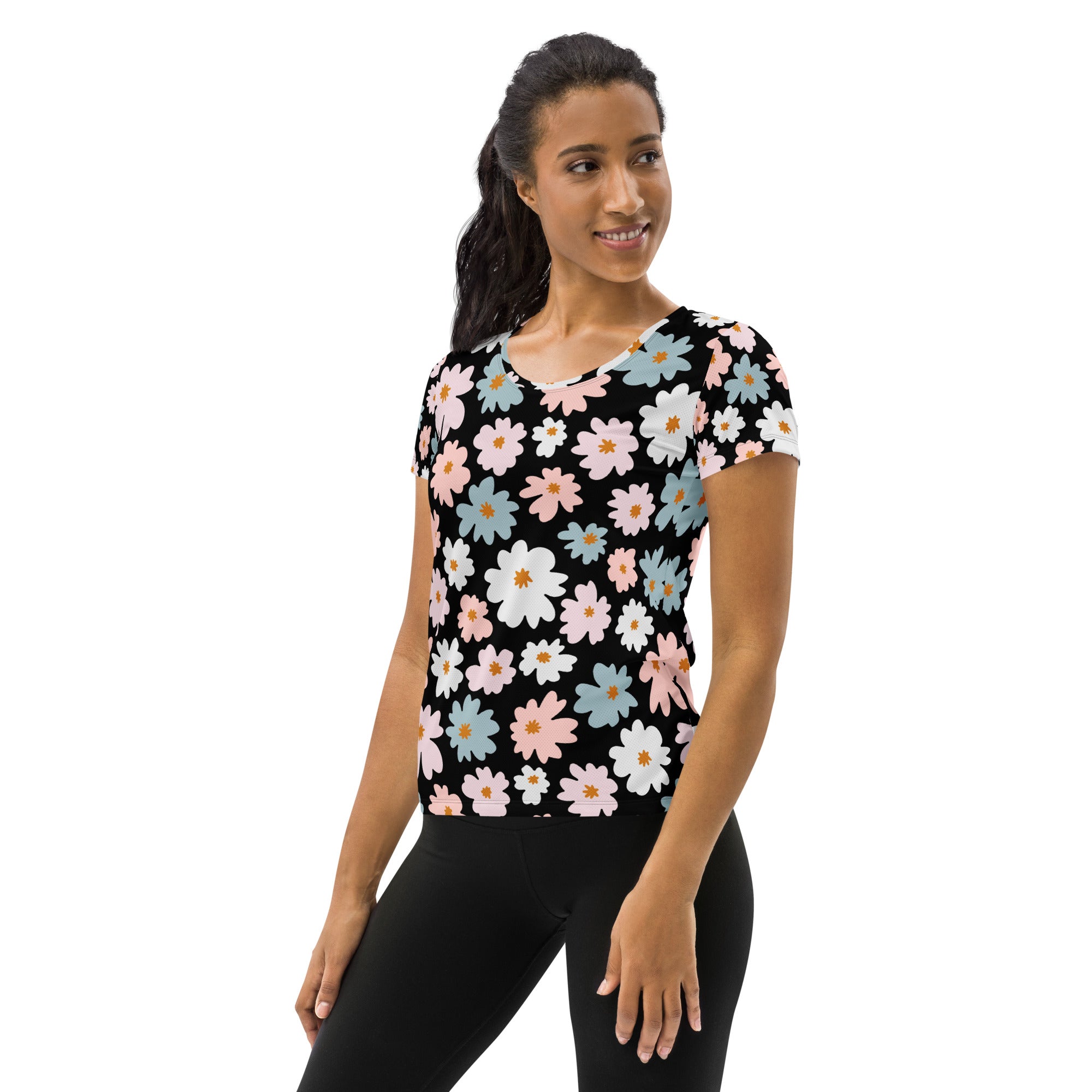 Women’s retro floral black short-sleeved performance t-shirt with pink white blue daisies lightweight moisture wicking