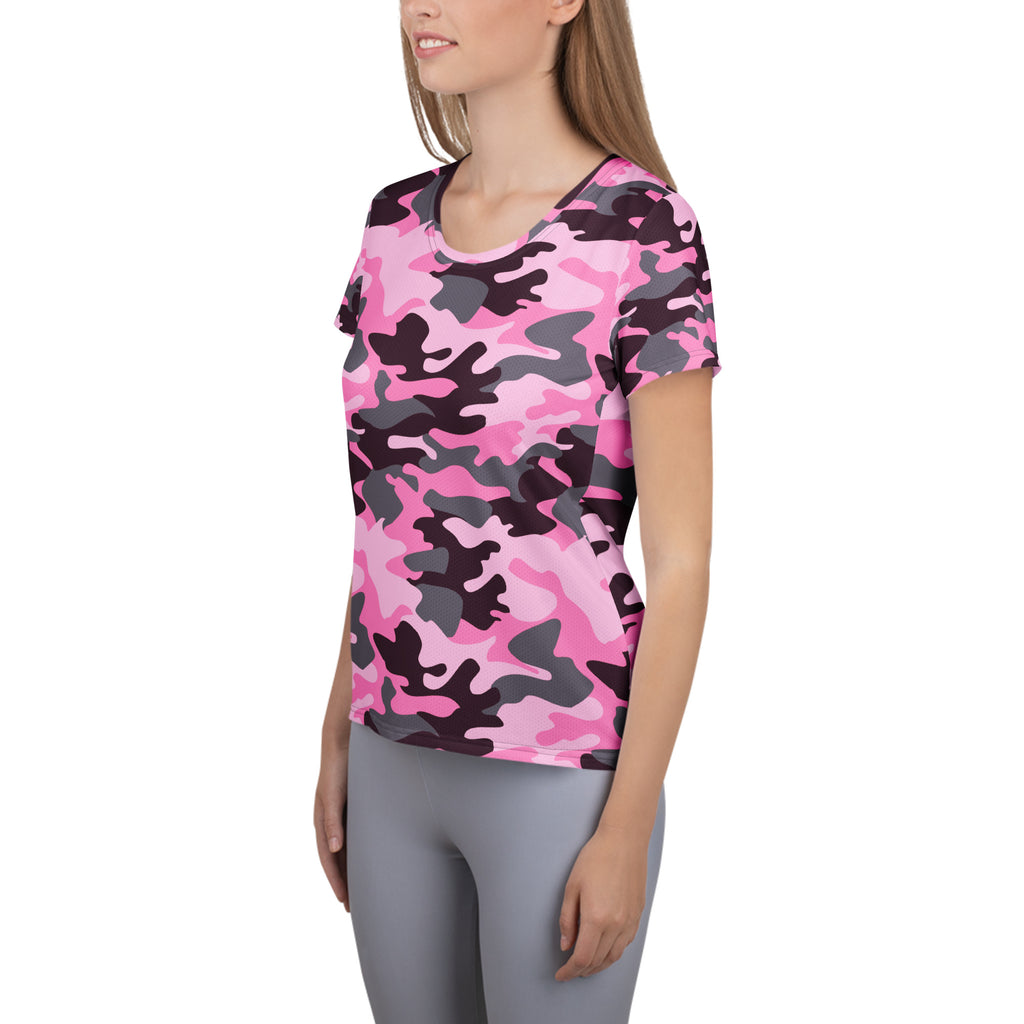Women’s pink and black camouflage performance athletic t-shirt lightweight moisture wicking with upf 50+